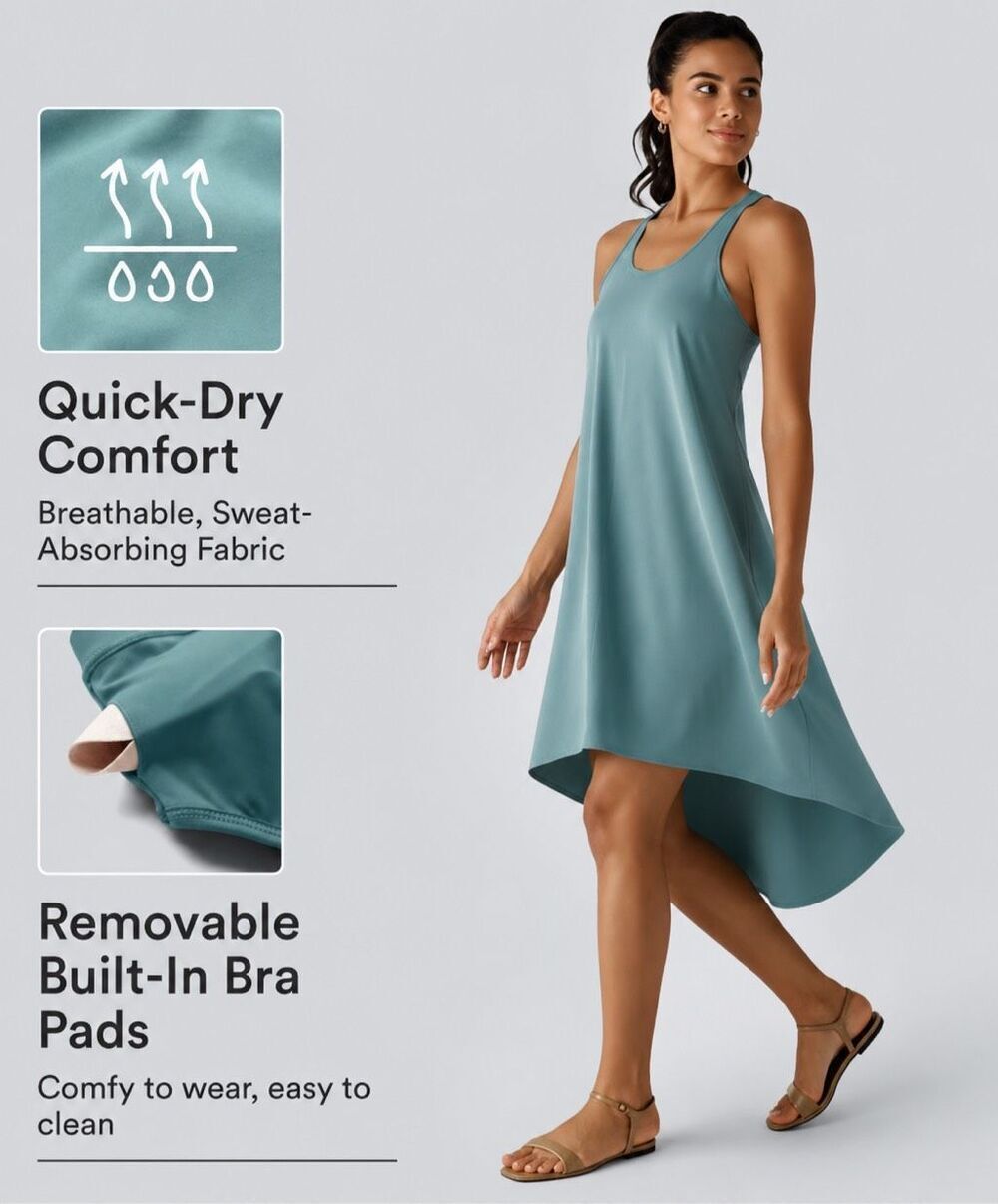 NWT Halara Breezeful™ Backless Racerback Side Pocket High Low Flowy Midi Quick D